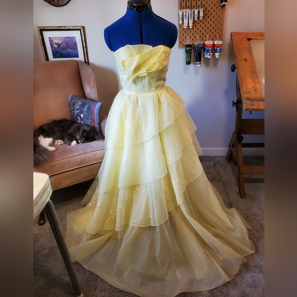 Women's Vintage 50s Dress layered Prom handmade light yellow Small